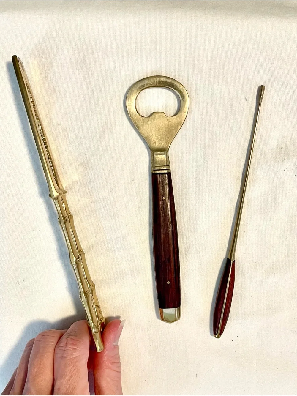 MCM~VNTG Japanese-3 Brass Bar Set Pieces ~ Opener/Cracker/Muddler -Brass & Teak